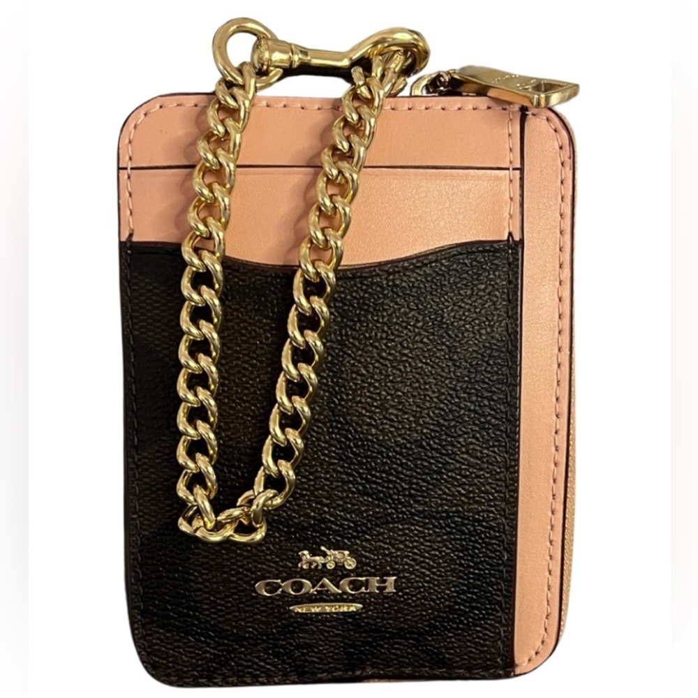 COACH Zip Card Case In Colorblock Signature Canvas - Mahogany/Shell Pink